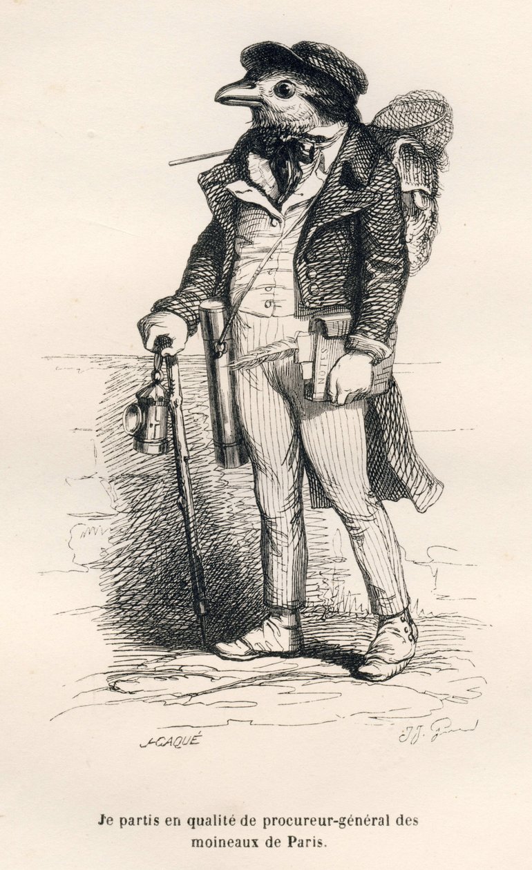 A párizsi verebek főügyésze. A matricákat JJ Granville illusztrálta. Caque aláírással ellátott metszet a "Voyage d