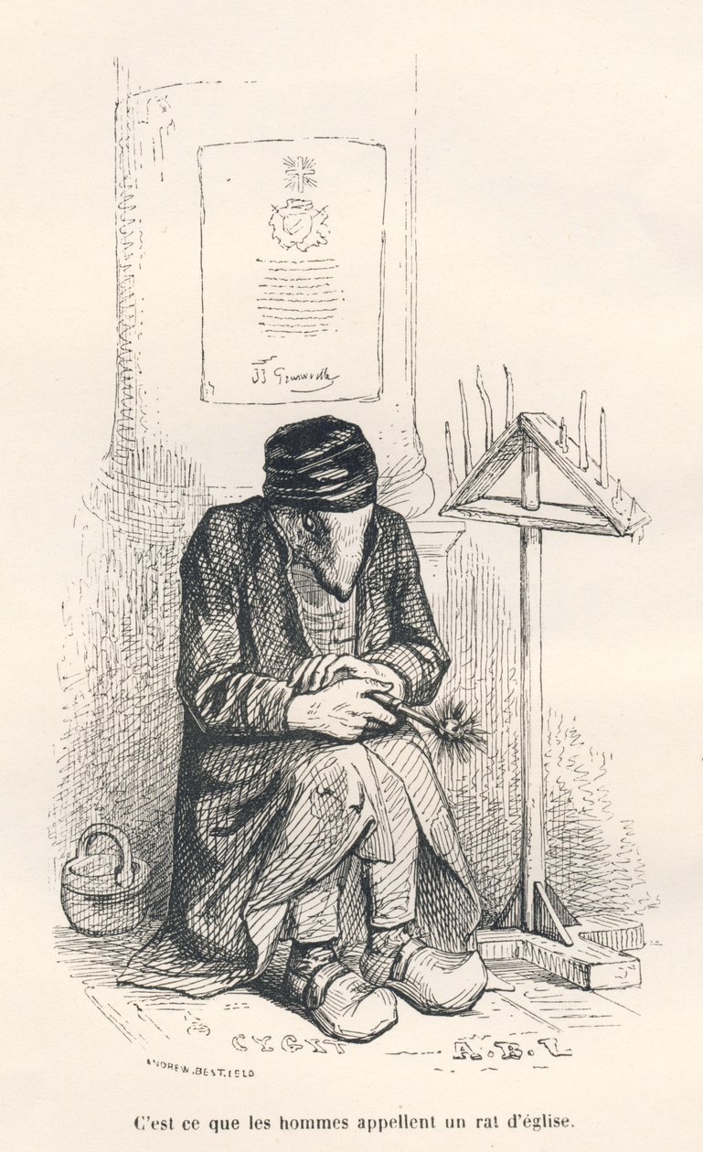 Egyházi patkány. A matricákat JJ Granville illusztrálta. A metszet Andrew, Best és Leloir aláírásával szerepel a "A filozófus patkány" című részben, amelyet Edouard Lemoine írt az "Állatok magán- és közéletének jelenetei" c. Paris, J. Hetzel és Paulin alkotó: Grandville