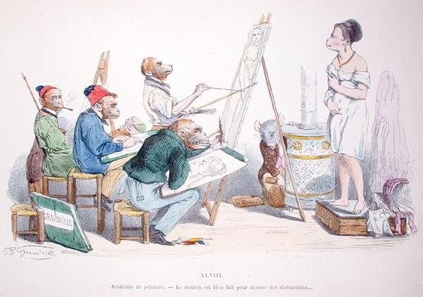 „A modell tökéletesen eltereli a figyelmet”, karikatúra az 1854-ben újranyomott „Les Metamorphoses du Jour” sorozatból (színes metszet) alkotó: Grandville