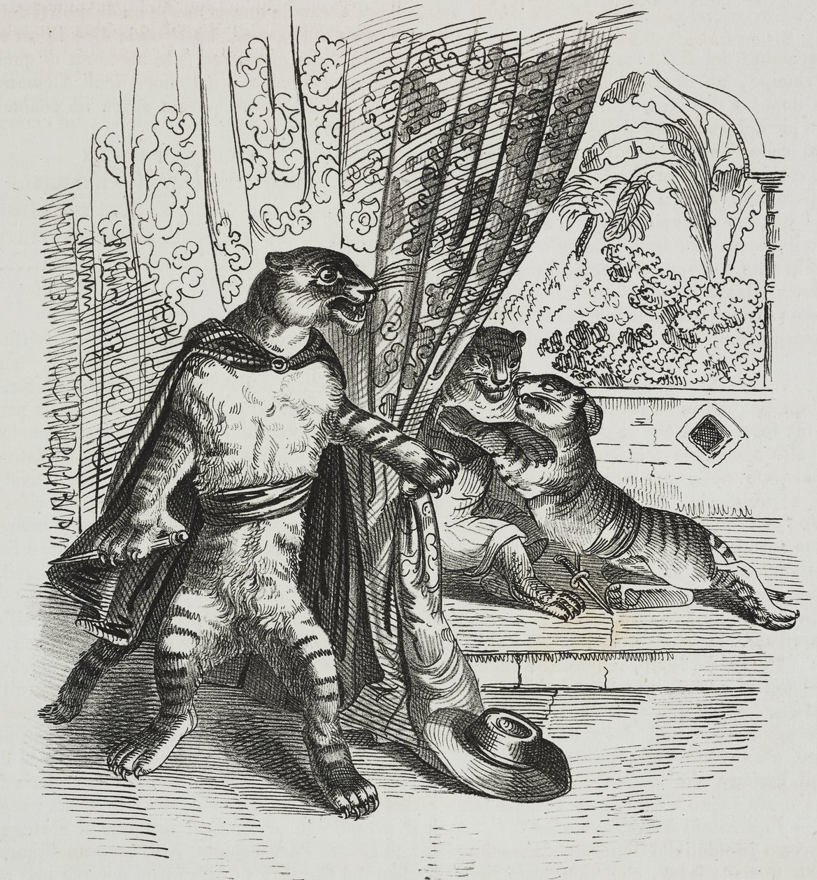 A tigris előrenyomul tőrrel, Jean-Jacques Grandville (1803-1847) karikatúrája, Gaetano Riccio litográfiája a Poliorama Pittorescoból, 39. szám, május 7. alkotó: Grandville