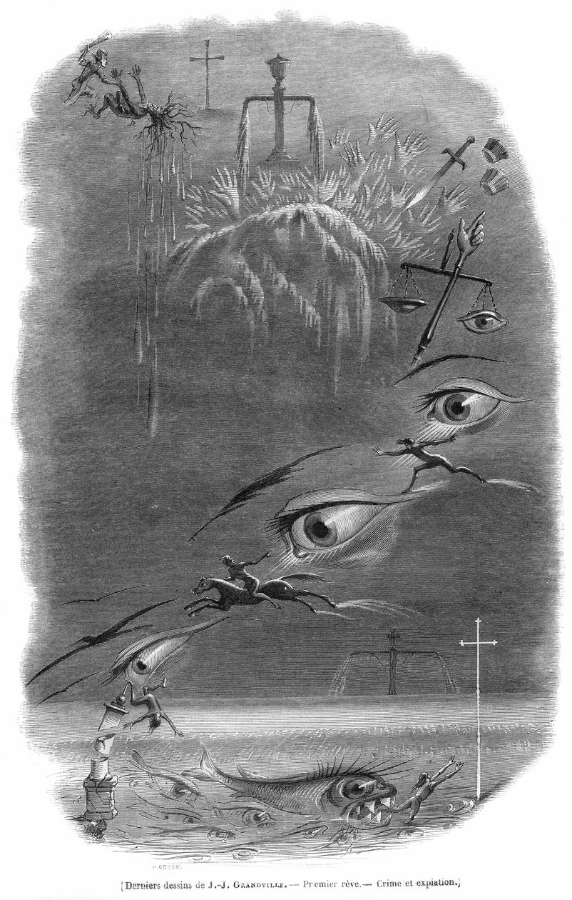 Egy jelenet, amelyet Grandville karikaturista álmodott meg a halálát közvetlenül megelőző rémálmában. Georges Bataille írta erről a metszetről: a bűnöző azt álmodja, hogy éppen elütött egy embert egy sötét erdőben... Emberi vért szórtak szét, és egy olyan  alkotó: Grandville (1803 47)
