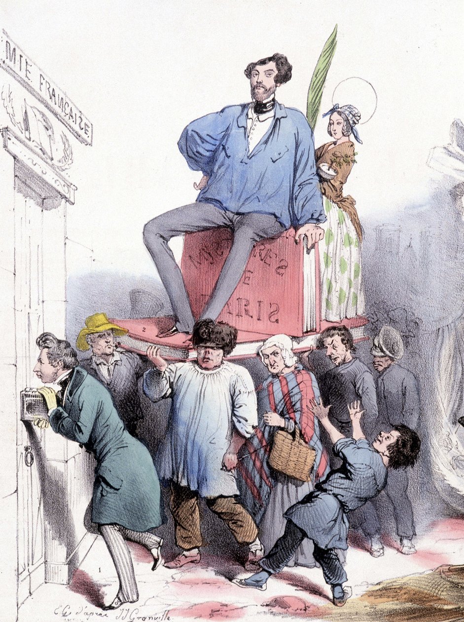 Alfred de Vigny, aki teljes műveivel kopogtat az Akadémia ajtaján, és Eugène Sue, aki a „Les mystères de Paris”-on ül, Rodolphe herceg kék vászonpalettájába öltözve – Grandville, a „Le Charivari””-ban. 1844.02.21 alkotó: Grandville