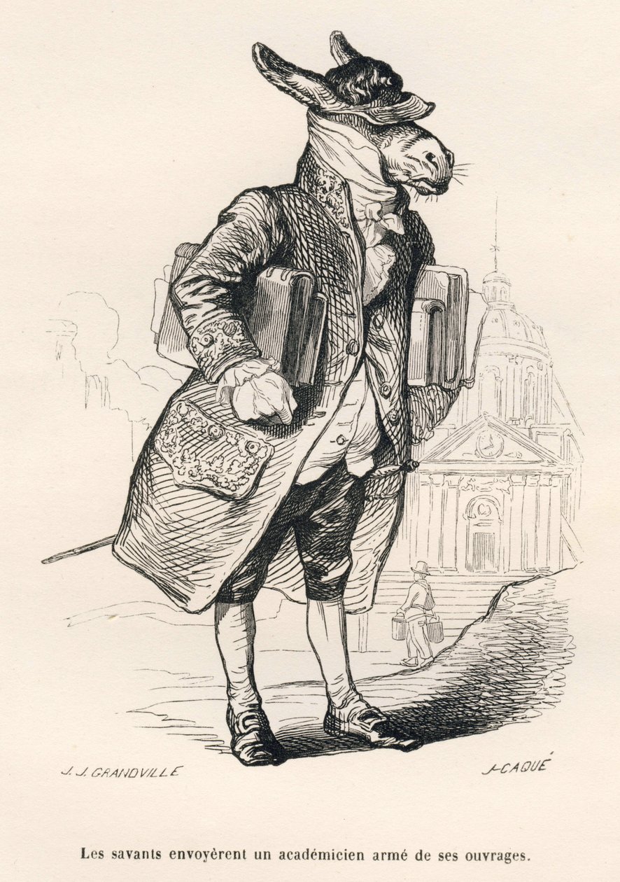 A munkákért felelős akadémikus. A miniatűröket JJ Granville illusztrálta. Caque aláírással ellátott metszet a "Vezető szamár a kitüntetéseket elérni kívánó állatok használatára" című részben, amelyet Honore De Balzac írt a "Magán- és közélet jelenetei" c. alkotó: Grandville