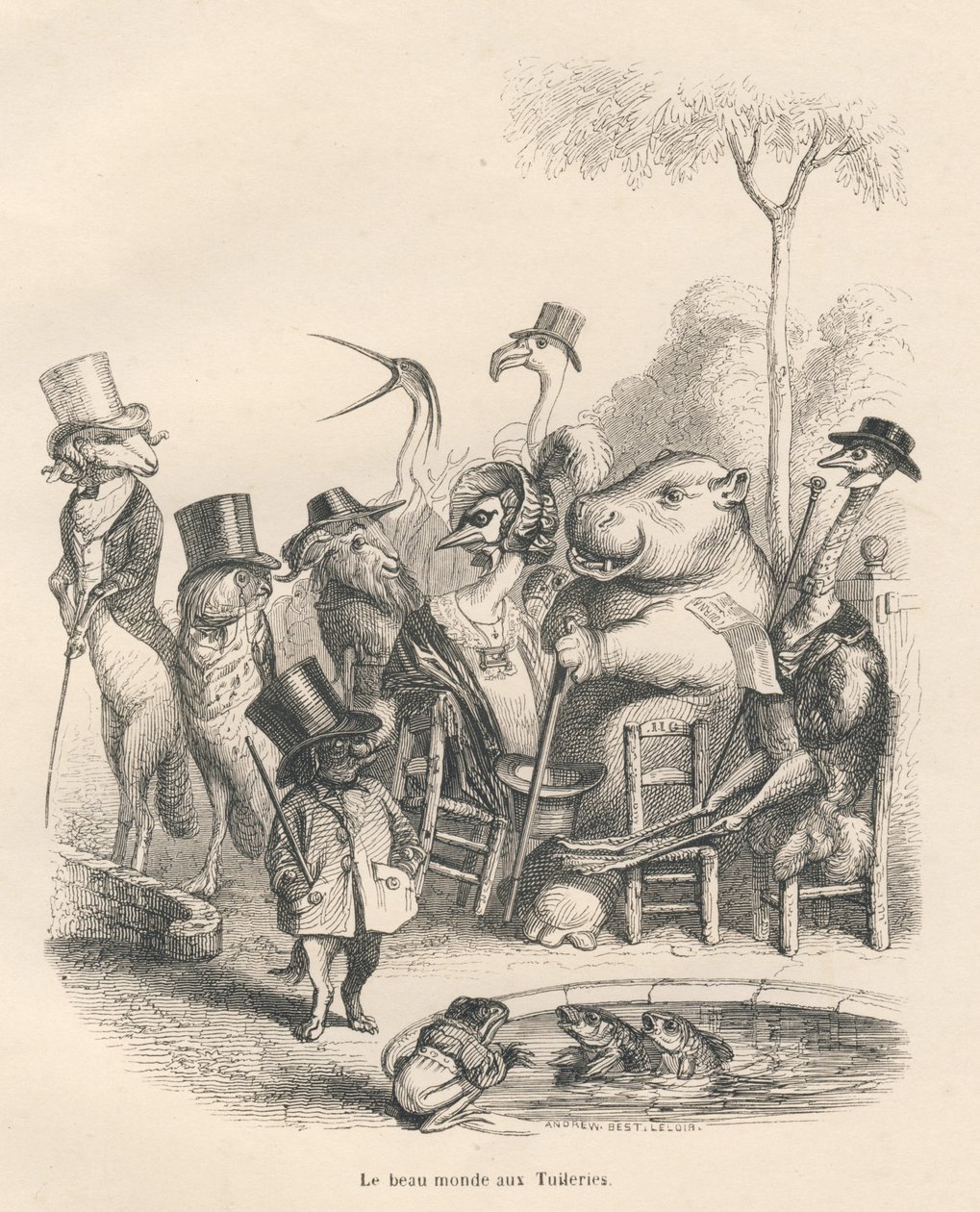 Elegáns ruhába öltözött állatok sétálnak a Tuileriákban . JJ Granville által illusztrált matricák. Andrew, Best és Leloir által aláírt metszet a PJ Stahl által írt "Histoire d