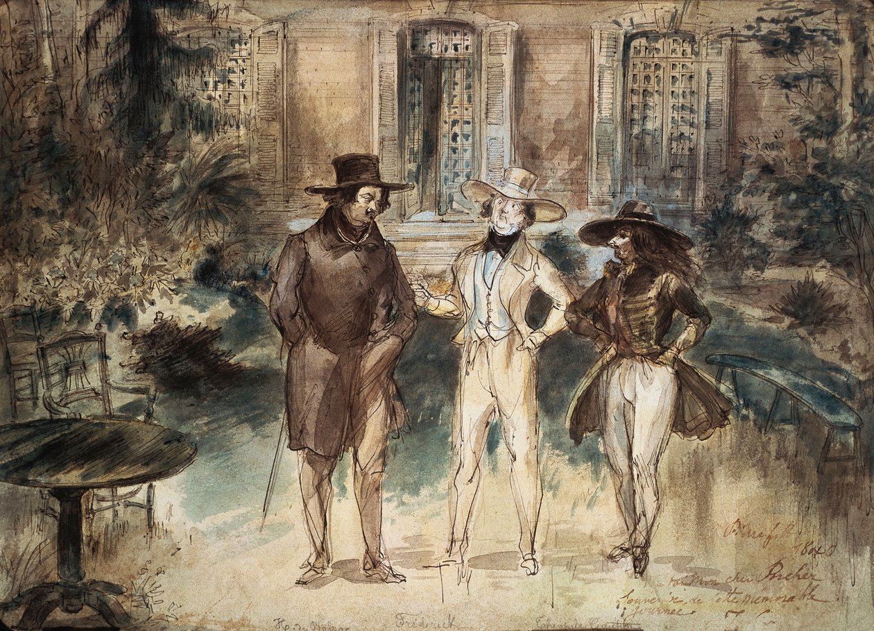 Honore de Balzac, Frederick Lemaitre és Theophile Gautier karikatúrája, Gerard Granville alkotó: Grandville