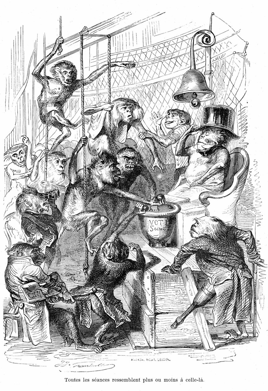 Rajzfilm: Grandville metszete, az "Állatok magán- és közélete (Les animaux painted pa them memes)" című könyvből, Hetzel kiadás 1867, 566. o. - "A Gira táblai" című fejezet, Hetzel kiadás 1867, 566. o. - "A Gira táblai" című fejezet. alkotó: Grandville (1803 47)
