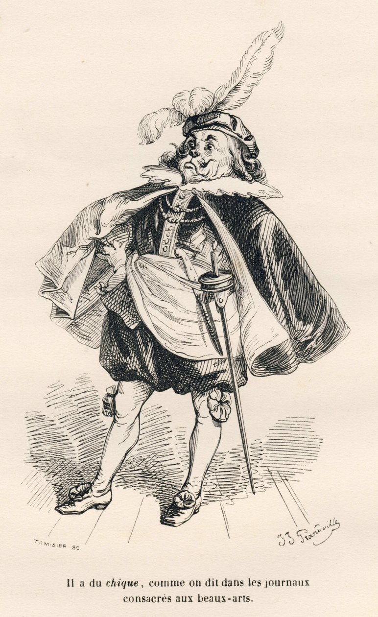 Kutya elegáns. A matricákat JJ Granville illusztrálta. A Jules Janin által írt "Le premier feuilleton de Pistolet" című részben Tamisier-vel írt metszet "Az állatok magán- és közéletének jelenetei". Paris, J. Hetzel és Paulin alkotó: Grandville