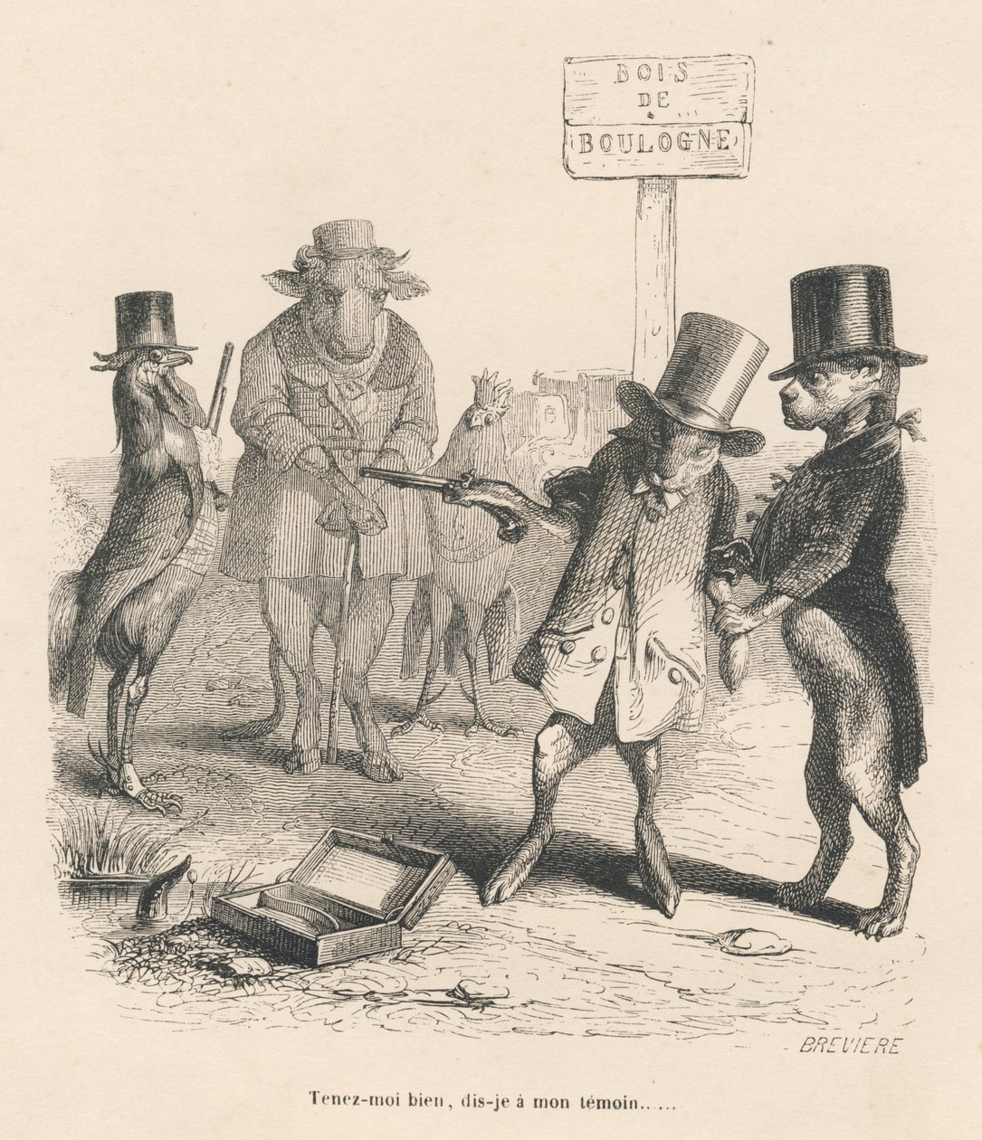 Párbaj a Bois de Boulogne-ban. A miniatűröket JJ Granville illusztrálta. A Breviere aláírásával ellátott metszet a PJ Stahl által írt "Egy nyúl története" részben "Jelenetek az állatok magán- és közéletéből". Paris, J. Hetzel és Paulin alkotó: Grandville