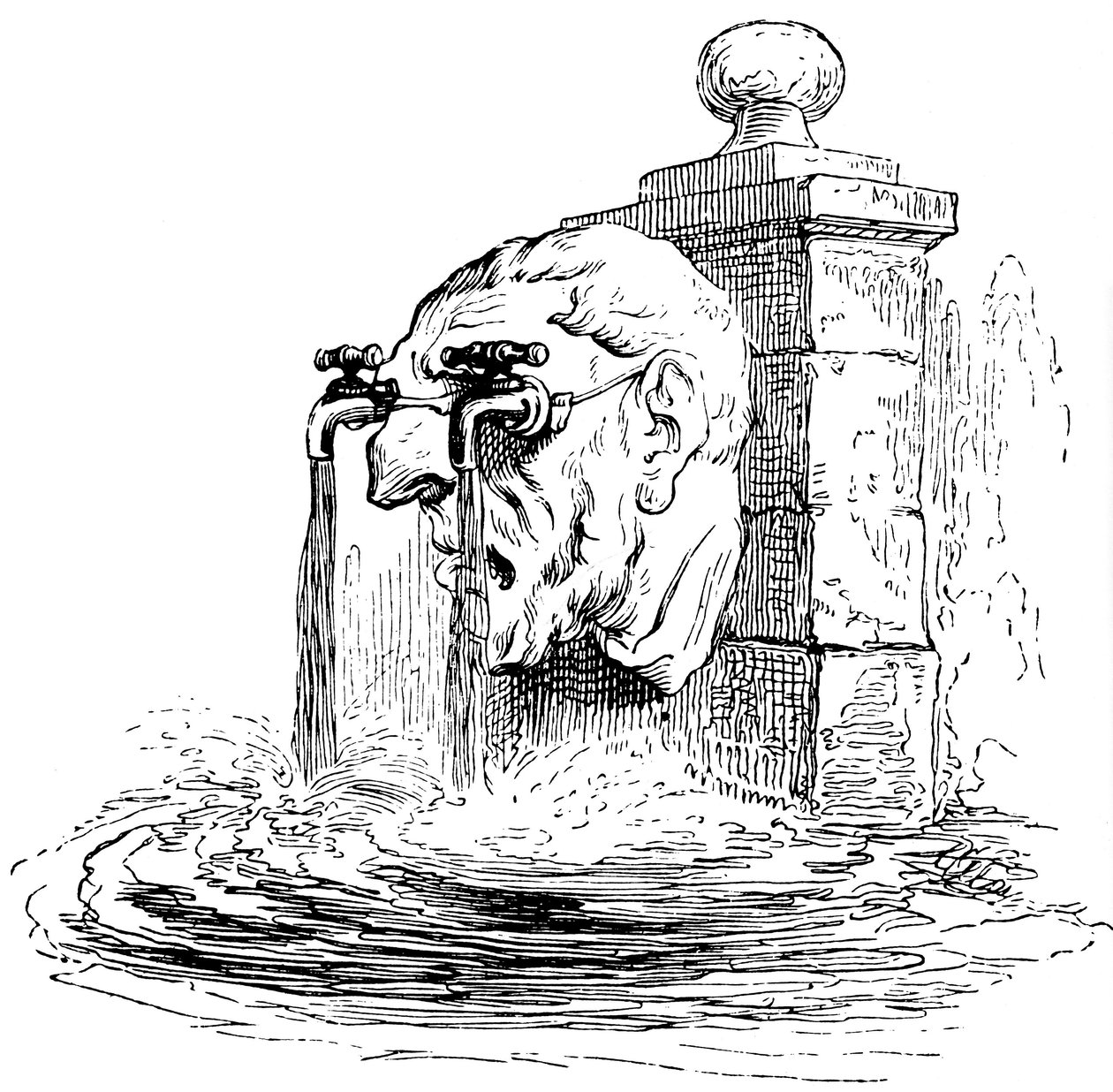 Szökőkút emberi fejet ábrázoló lábazattal: az ember szemüvegei csapok, amelyekből víz folyik. Részlet Grandville (Jean Ignace Isidore Gerard) metszetéből. alkotó: Grandville (1803 47)