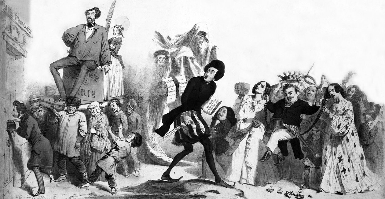 Francia romantikus írók (Alfred de Vigny, Victor Hugo, Alexandre Dumas atya, Honore de Balzac ), akik be akarnak jutni a Francia Akadémiára, de az ajtók zárva vannak, metszet. alkotó: Grandville (1803 47)