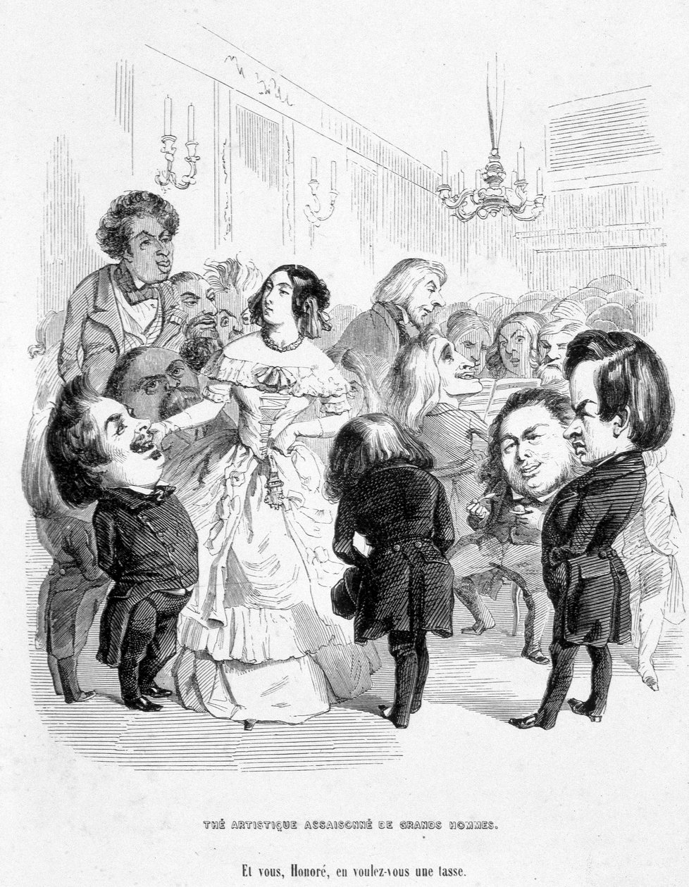 George Sand (Aurore Dupin, Baronne Dudevant) (1804-1876) 4 íróval körülvéve: Eugene Sue, Honore de Balzac, Franz Litz és Victor Hugo – Jerome Paturot „Társadalmi pozíció keresésében” című művében alkotó: Grandville