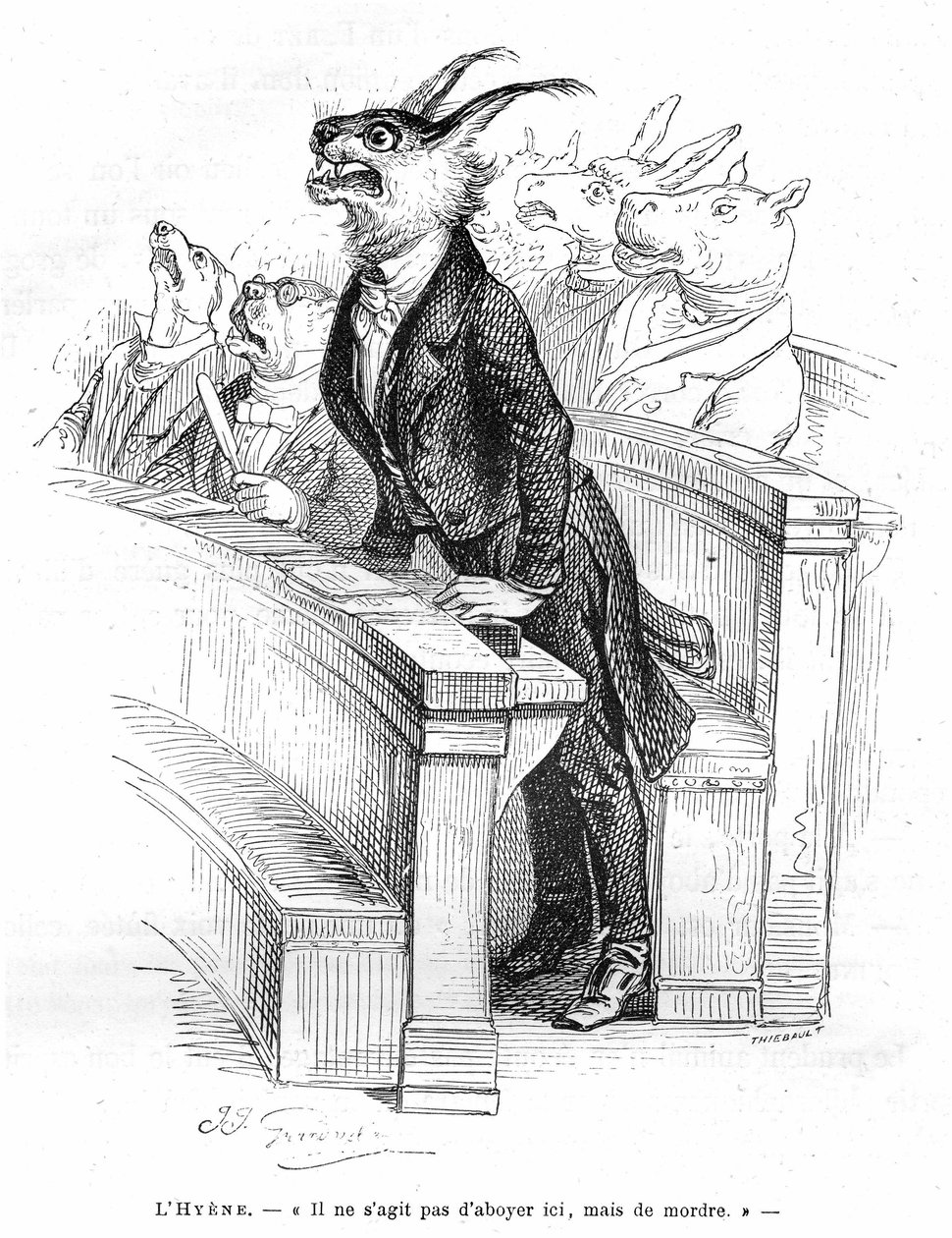 Grandville metszet, az Állatok magán- és közélete (Les animaux ints par them memes) című könyvből, Hetzel kiadás 1867 - Egy emberi politikai gyűlés karikatúrája - A különböző állatok (kutyák, szamár, víziló...) által elfoglalt vagonokban egy hiéna... alkotó: Grandville (1803 47)