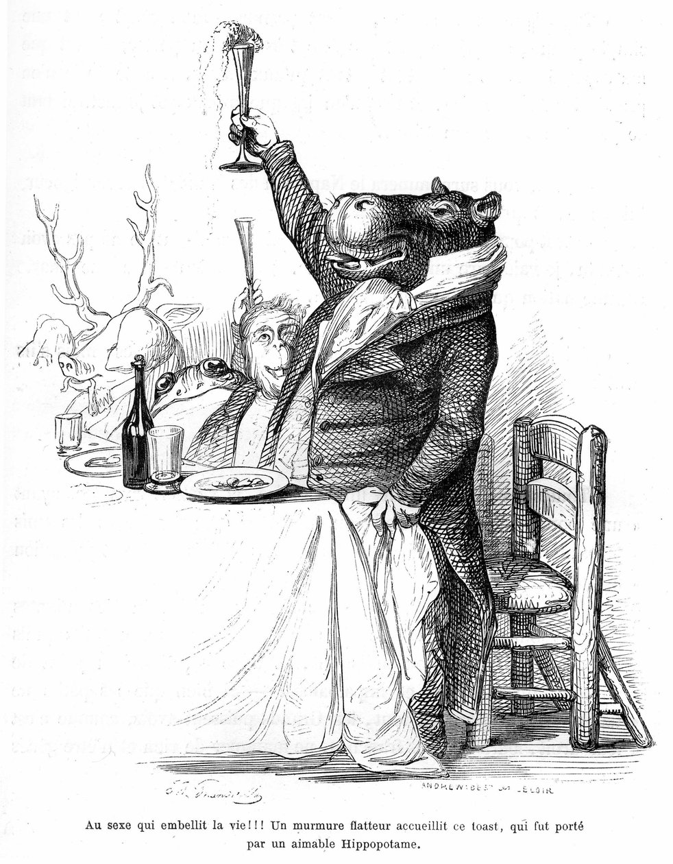 Grandville metszet, az Állatok magán- és közélete (Les animaux ints par eux memes) című könyvből, Hetzel kiadás 1867 - Víziló világéletében egy bankett asztalánál, poharát emelve és tósztot mondva. Legenda: Szex, amely megszépíti az életet! alkotó: Grandville (1803 47)