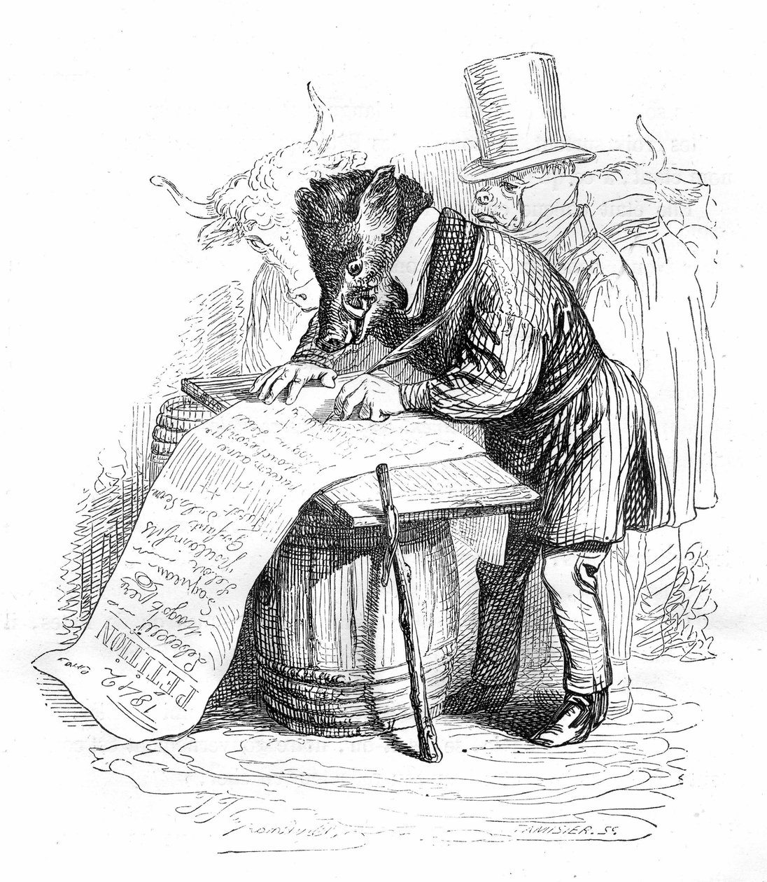 Grandville metszet az "Állatok magán- és közélete (Les animaux painted par eux memes)" című könyvből, Hetzel kiadás 1867 - Karikatúra: vaddisznó petíciót ír. alkotó: Grandville (1803 47)