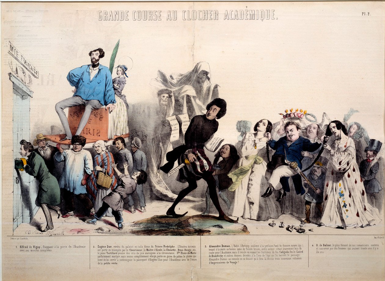 Nagyszerű verseny az akadémiai harangtoronyig. Alfred de Vigny (1797-1863), Eugene Sue (1804-1857) Alexandre Dumas (1802-1870) és Honore de Balzac (1799-1850) írók elismerése. Gerard Grandville (1803-1847) metszete. alkotó: Grandville