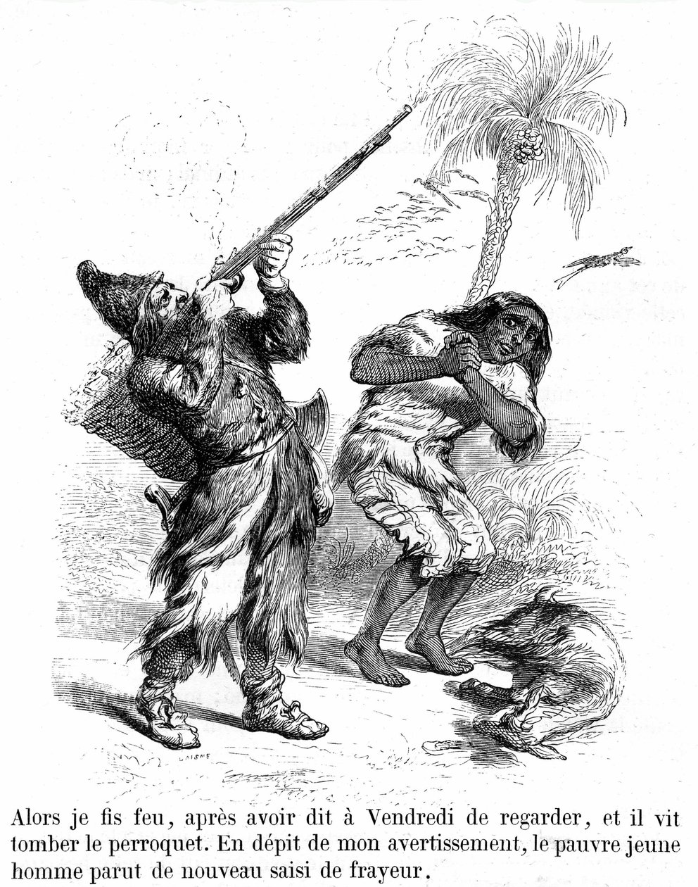 Daniel de Foe (DeFoe) Robinson Crusoe című regényének illusztrációja Grandville - edition Garnier 1869 p193. Robinson puskával lövöldözik Frigyes Péntek előtt. alkotó: Grandville (1803 47)