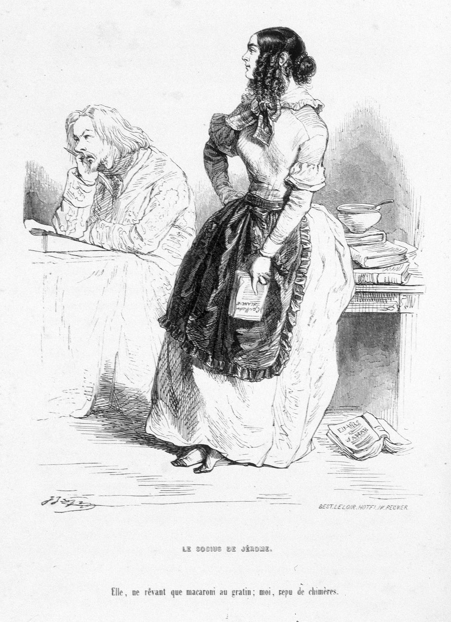Jérôme Paturot aggódik, lemond álmairól. Rajzfilm: Louis Reybaud „Jérôme Paturot társadalmi pozíciót keresve”. alkotó: Grandville