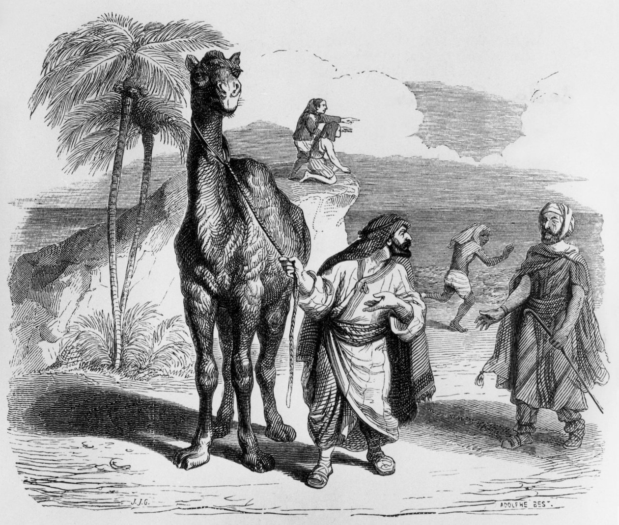 La Fontaine meséje (Jean de La Fontaine) : a teve és a lebegő botok, J. J. Grandville metszete, 1838-40 körül. alkotó: Grandville (1803 47)