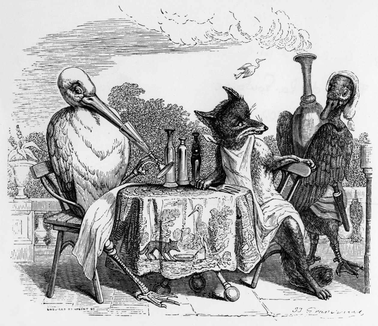 La Fontaine meséje (Jean de La Fontaine) : a róka és a gólya, J.J. Grandville metszete, 1838-40 körül. alkotó: Grandville (1803 47)