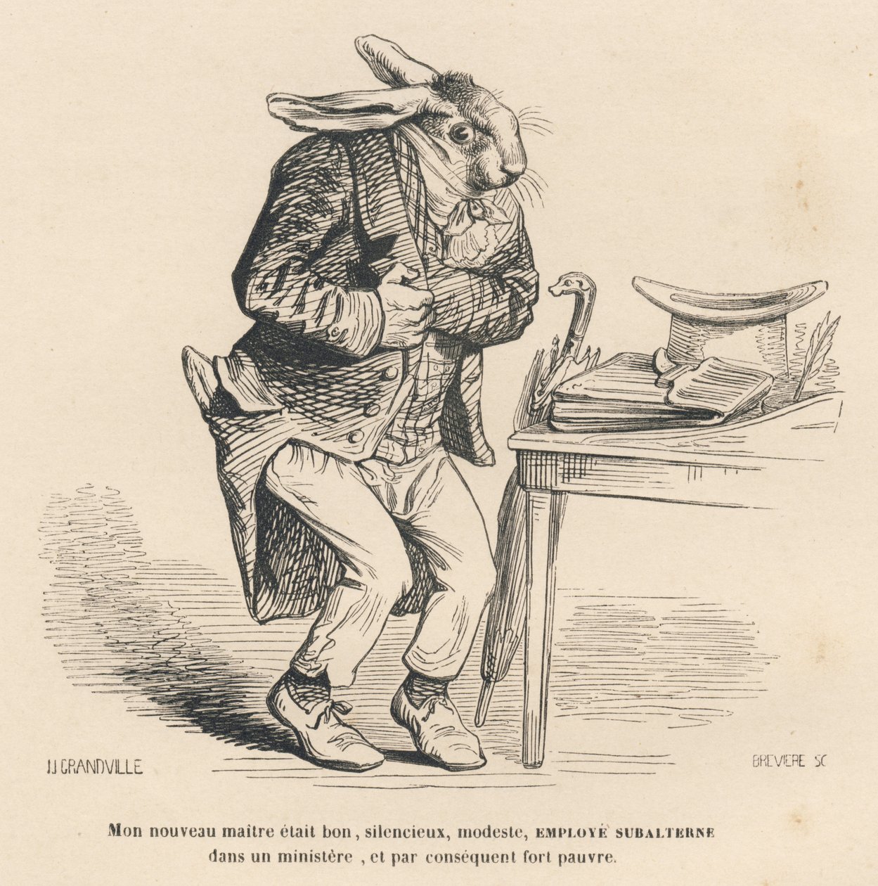 Nyúl, mint fiatalabb alkalmazott egy minisztériumban. JJ Granville illusztrált matricái. Breviere aláírással ellátott metszet a "Histoire d