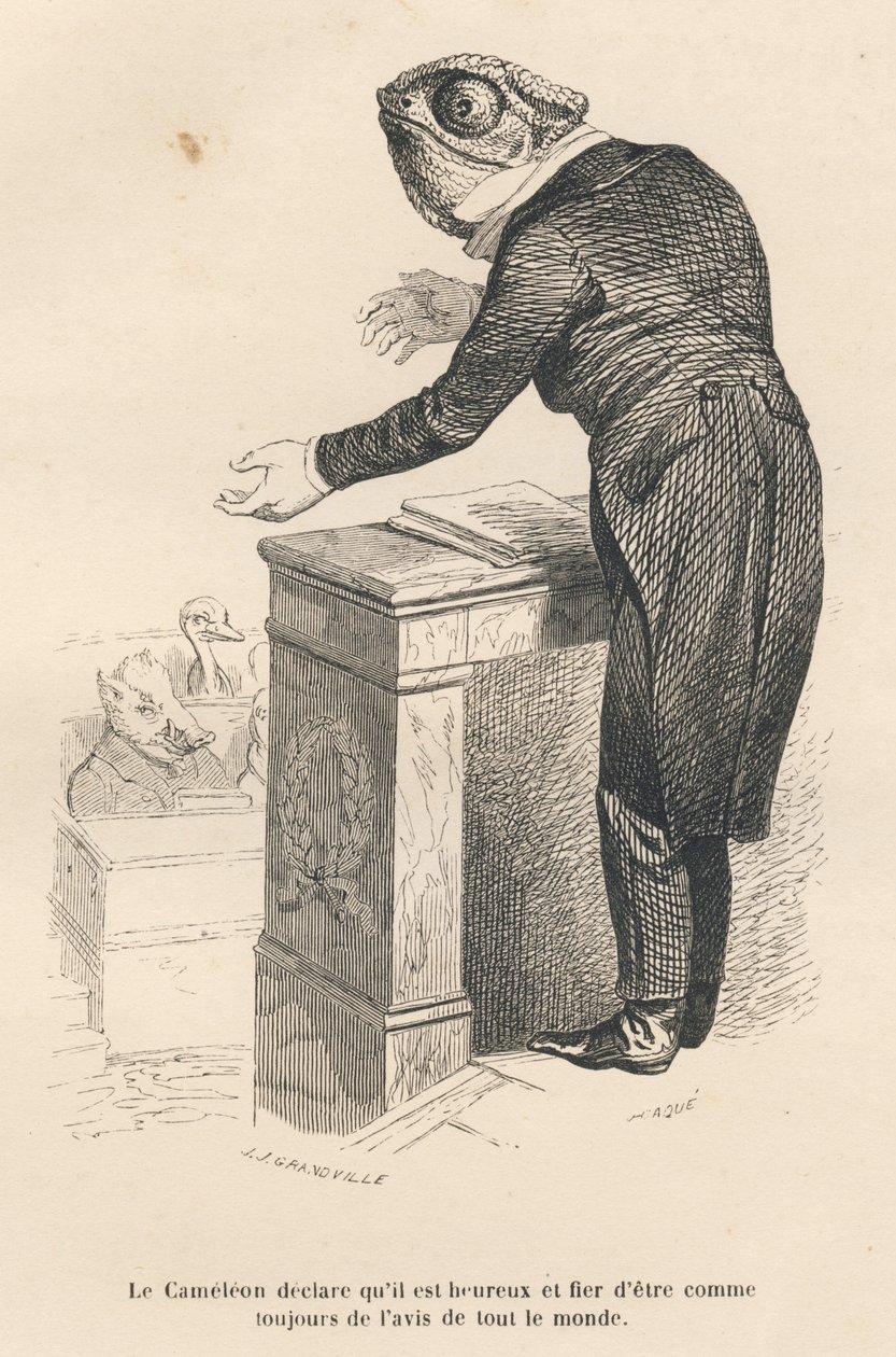 A kaméleon kijelenti, hogy boldog és büszke arra, hogy mindenki véleményét képviseli, mint mindig. A miniatűröket JJ Granville illusztrálta. Caque aláírásával ellátott metszet a "Parlamenti összefoglaló" című prológusban, amelyet PJ Stahl írt a "Scenes de  alkotó: Grandville