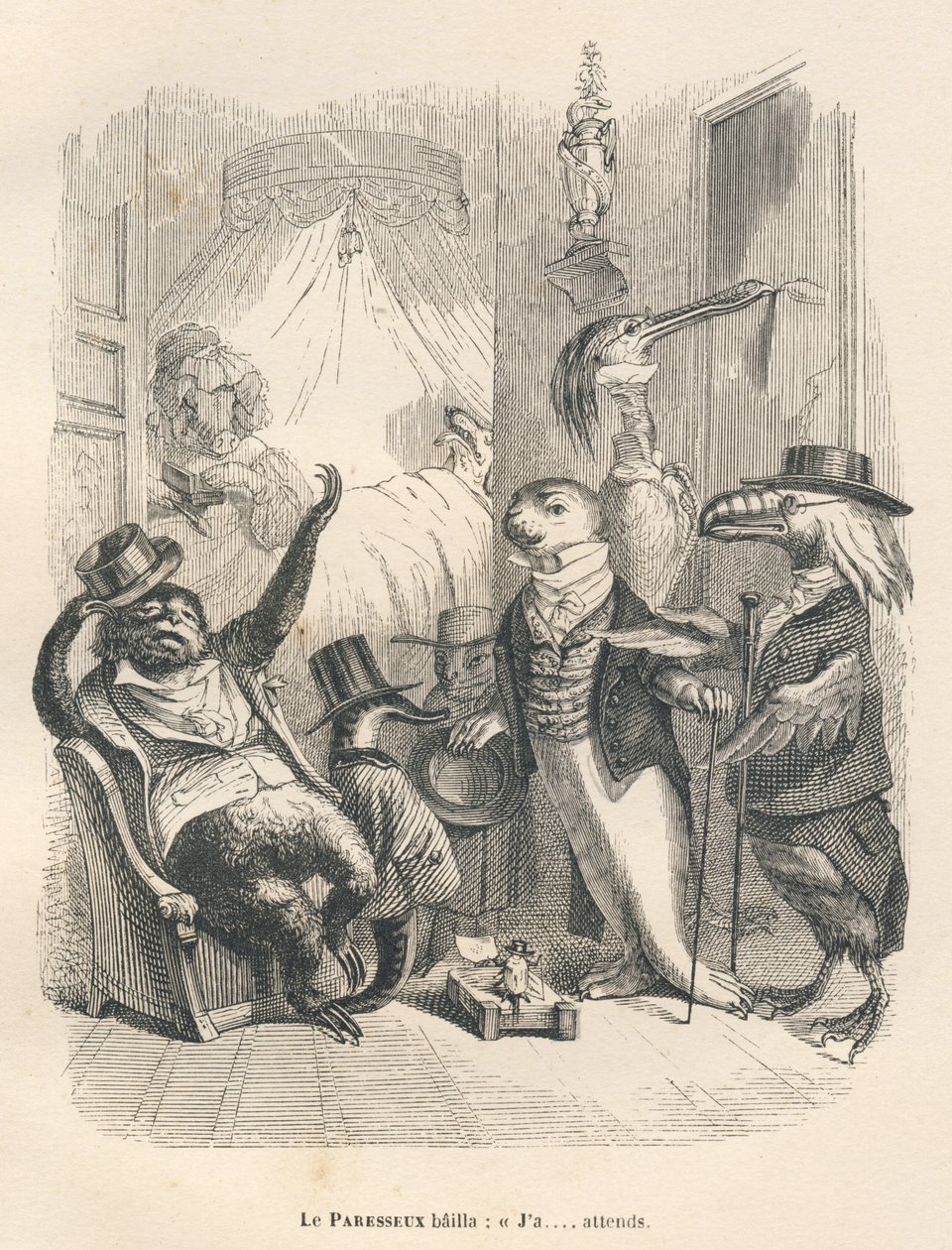 A lusta ember ásított, hogy várakozik. JJ Granville által illusztrált matricák. Godard által szignált metszet a "Les animaux medecins" című részben, amelyet Pierre Bernard írt a "Scenes de la vie privee et publique des animaux" című kötetben. Párizs, J. He alkotó: Grandville
