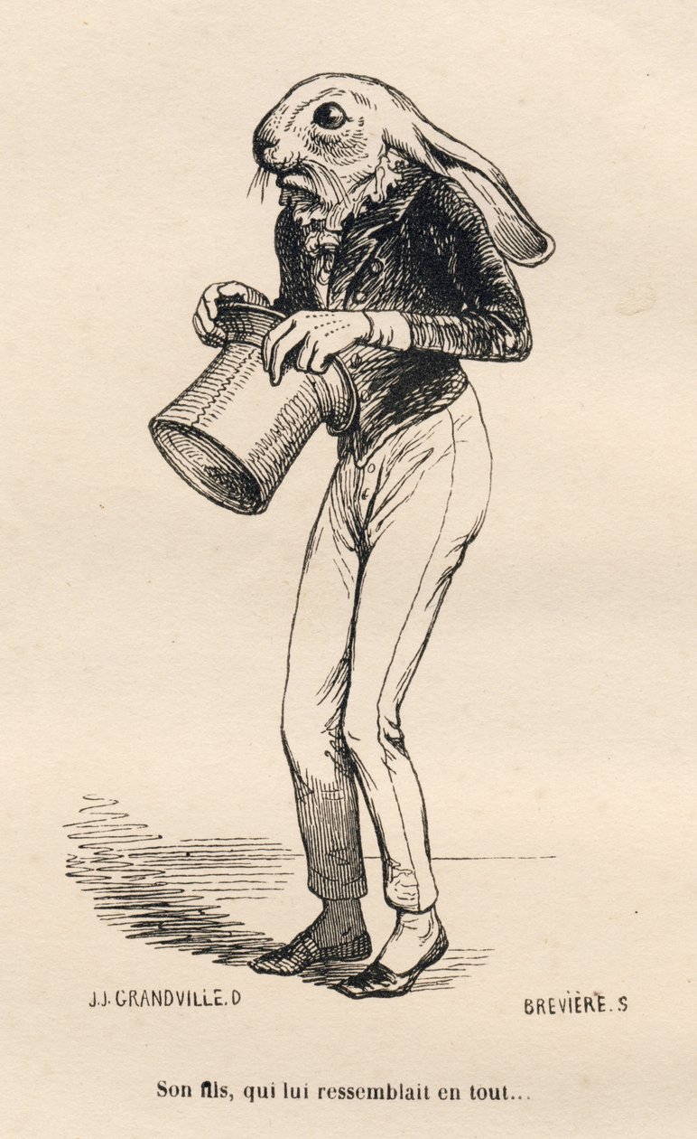 Félelmetes kecske dandy jelmezben. JJ Granville illusztrált matricái. Breviere aláírással ellátott metszet a "Histoire d