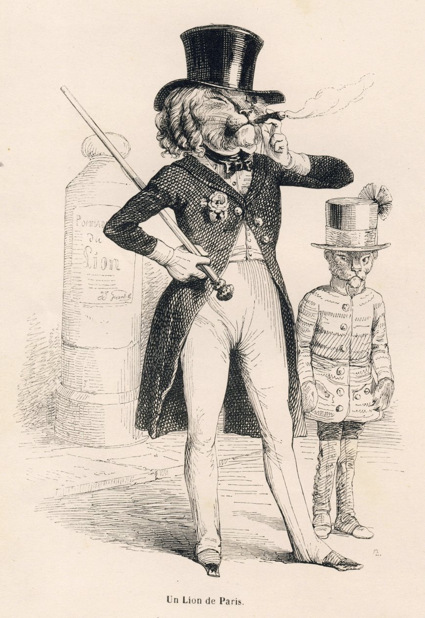 Párizs oroszlánja . JJ Granville illusztrált matricái. Andrew, Best és Leloir által aláírt metszet a Honore de Balzac által írt "Voyage d