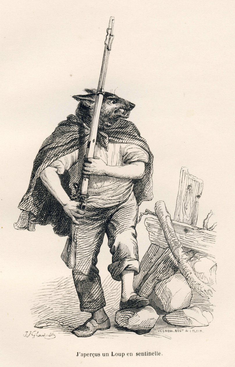 Farkas az őrszemen. A matricákat JJ Granville illusztrálta. Andrew, Best és Leloir aláírt metszet a "Voyage d