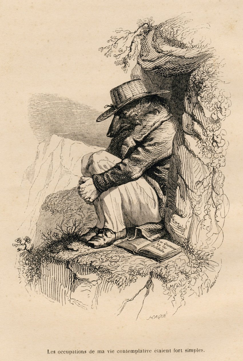 Loup megrögzött magányában. A miniatűröket JJ Granville illusztrálta. Caque jelű metszet a "A medve vagy a hegyről írt levél" című részben L. Baude "Jelenetek az állatok magán- és közéletéből". Paris, J. alkotó: Grandville