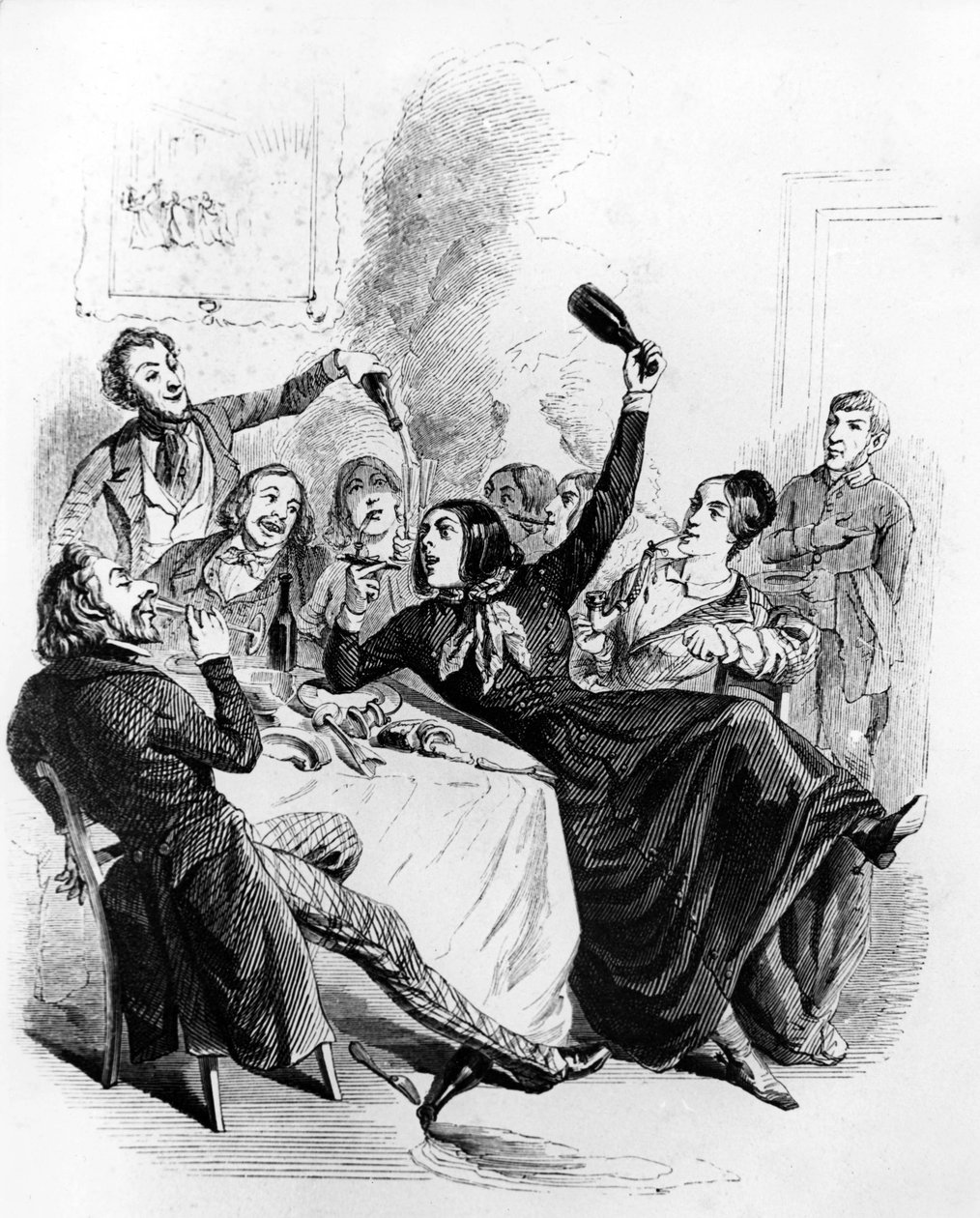 Fiúk ebédje a 2 nemből : férfiak és nők alkoholt isznak és dohányoznak, rajz Jean Ignace Isidore aka JJ Grandville alkotó: Grandville (1803-47)