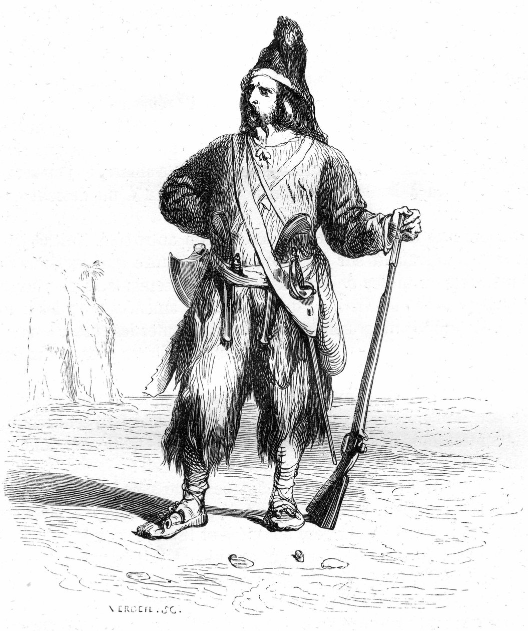 Robinson Crusoe portréja a sivatagos szigeten, puskával és válogatott fegyverekkel az övén - Grandville illusztráció Daniel Defoe regényéhez (De Foe) - Garnier kiadás 1869 p 155. alkotó: Grandville (1803 47)
