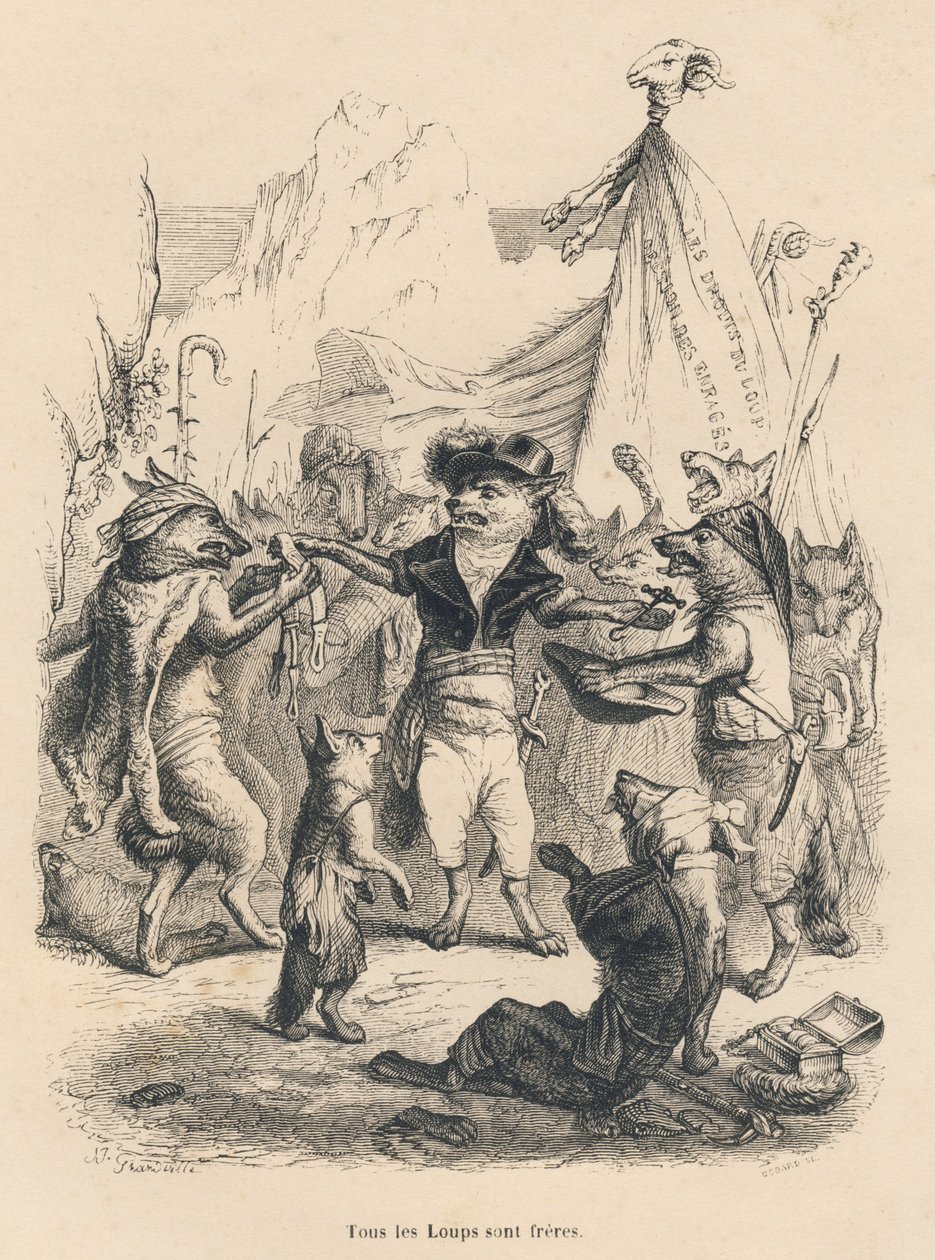 A farkasok forradalma és a farkas szabadsága és joga. A matricákat JJ Granville illusztrálta. Godard által aláírt metszet a "Párizsi utazás" című részben, amelyet George Sand írt az "Állatok magán- és közéletének jelenetei" c. Paris, J. He alkotó: Grandville