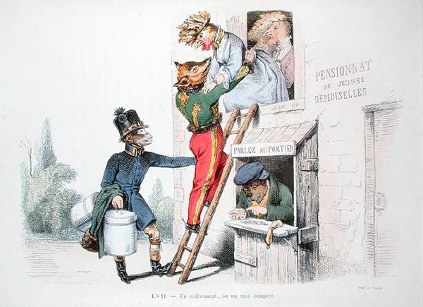 Az elrablás vagy a ravasz vad karikatúra a „Les Metamorphoses du Jour” sorozatból, 1854-ben újranyomva (színes metszet) alkotó: Grandville
