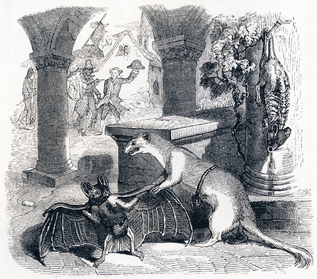 A denevér és a két menyét – La Fontaine meséi alkotó: Grandville