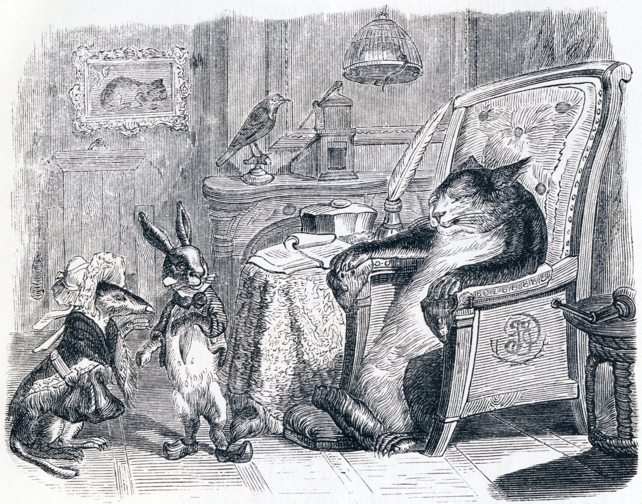 A macska, a menyét és a kisnyúl (Le chat, la belette et le petit lapin) - La Fontaine meséi alkotó: Grandville