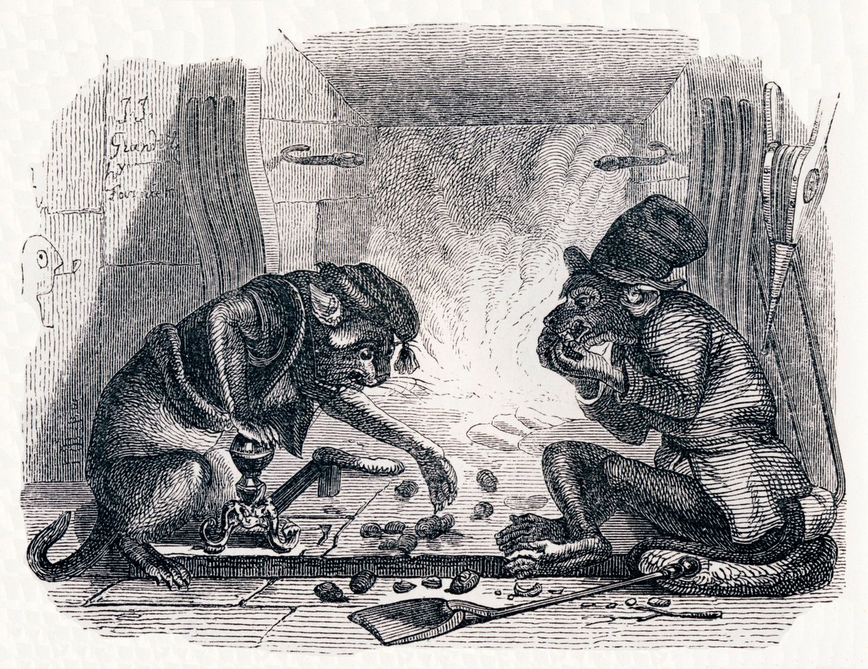 A szamár és a macska (Le singe et le chat) – La Fontaine meséi alkotó: Grandville