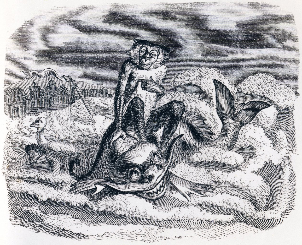 A szamár és a delfin (Le singe et le dauphin) - La Fontaine meséi alkotó: Grandville