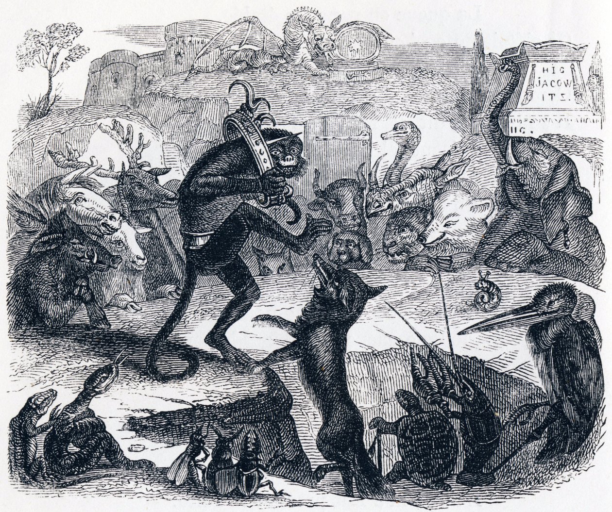A róka, a szamár és az állatok – La Fontaine meséi alkotó: Grandville