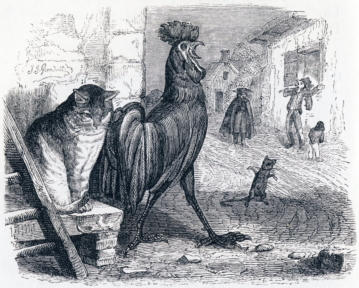 Az aranyozott, a macska és az egér (Le cochet, le chat et le souriceau) - La Fontaine meséi alkotó: Grandville