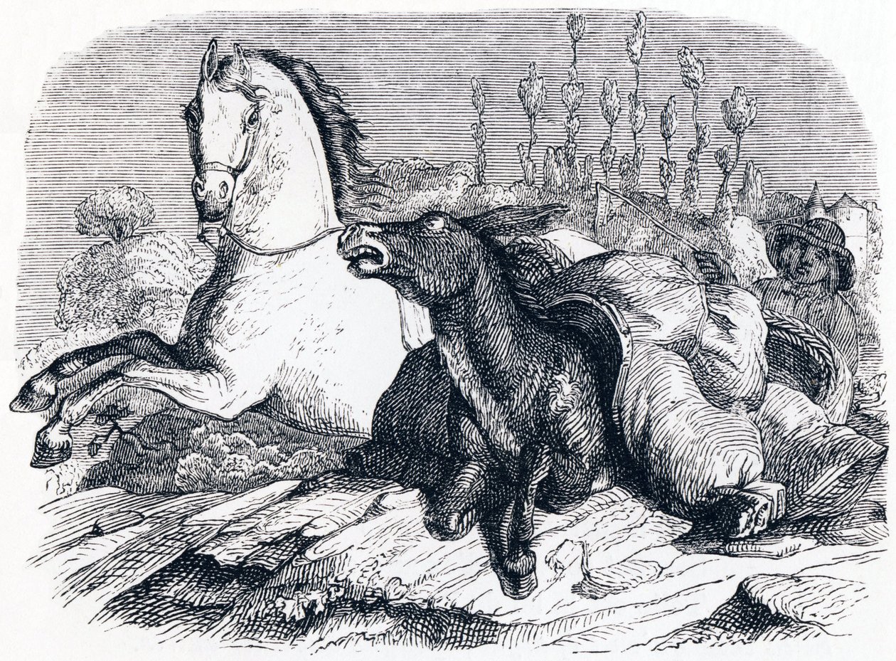 A ló és a szamár – La Fontaine meséi alkotó: Grandville