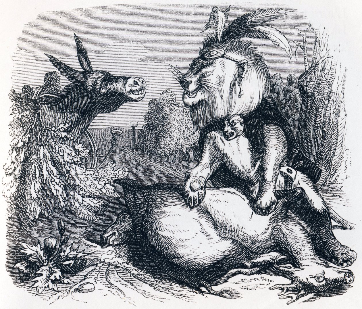 Oroszlán- és szamárvadászat – La Fontaine meséi alkotó: Grandville