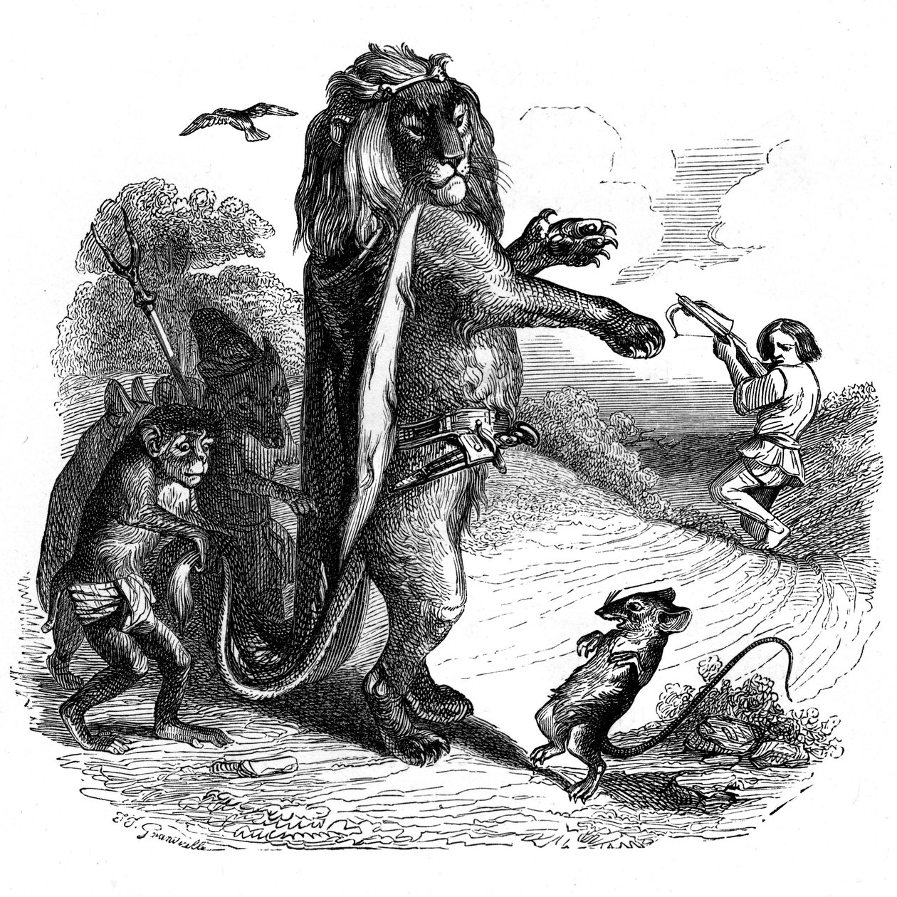 Az oroszlán és a patkány: Grandville által illusztrált La Fontaine-mese. alkotó: Grandville (1803 47)