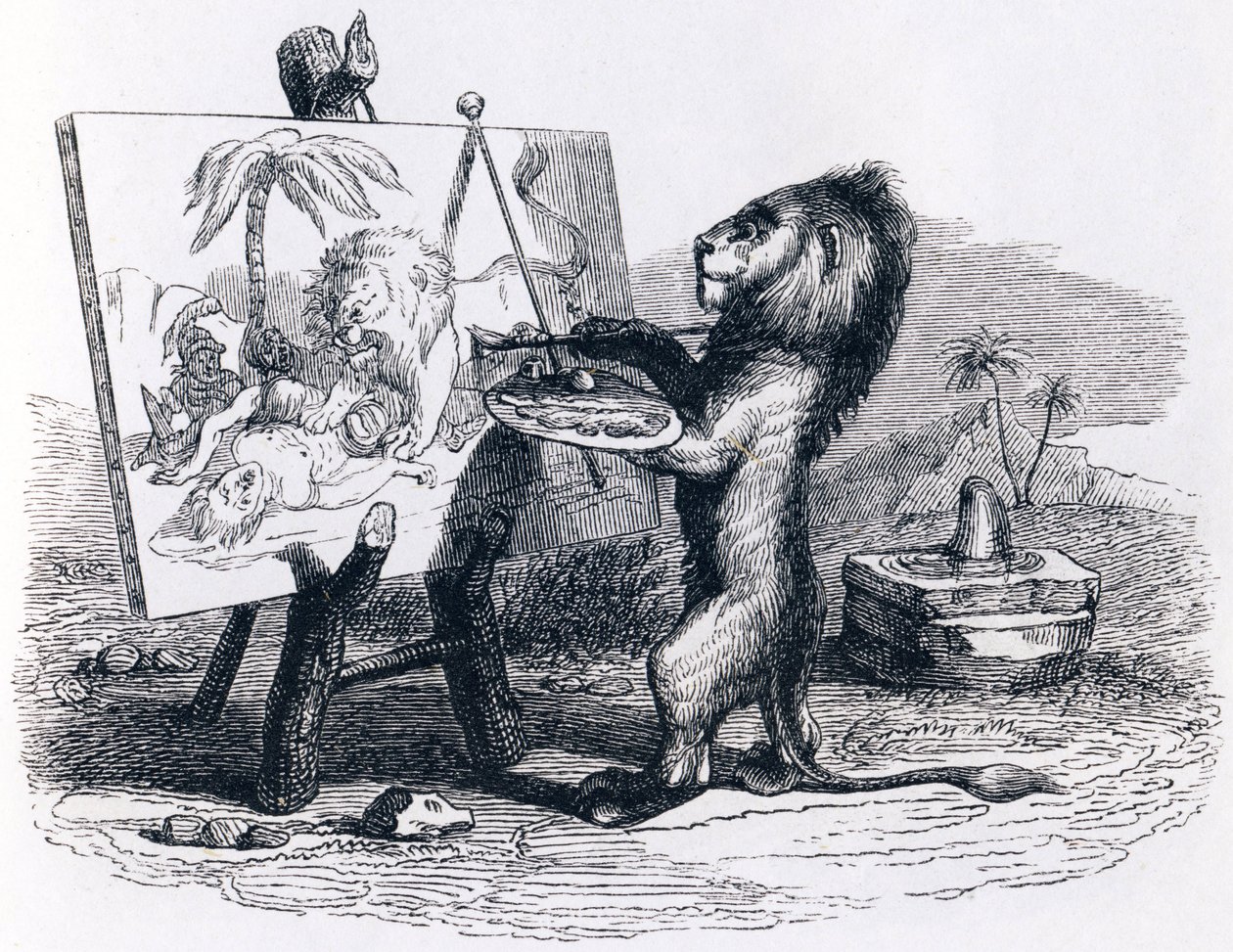 A férfi által megölt oroszlán – La Fontaine meséi alkotó: Grandville