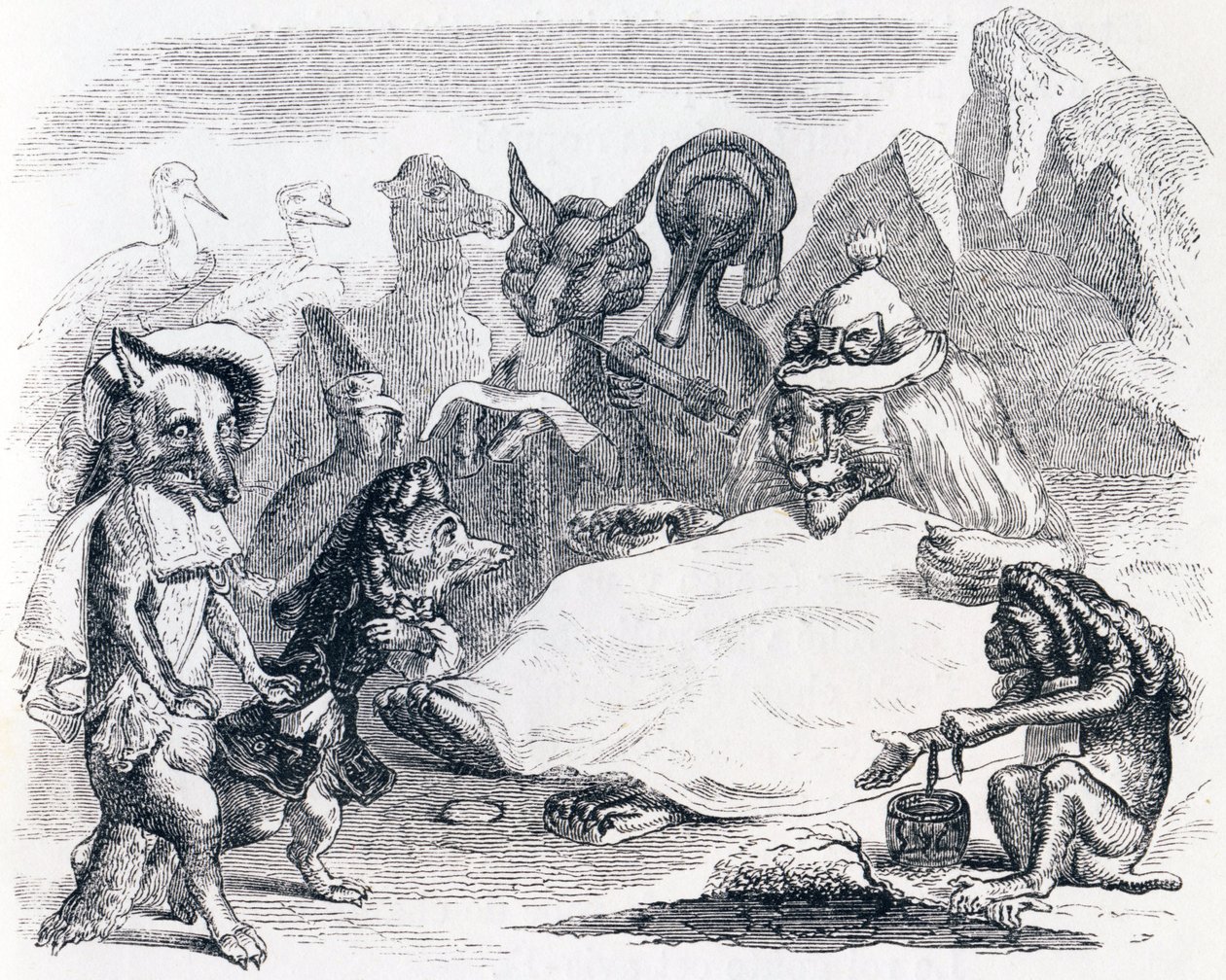 Az oroszlán, a farkas és a róka – La Fontaine meséi alkotó: Grandville