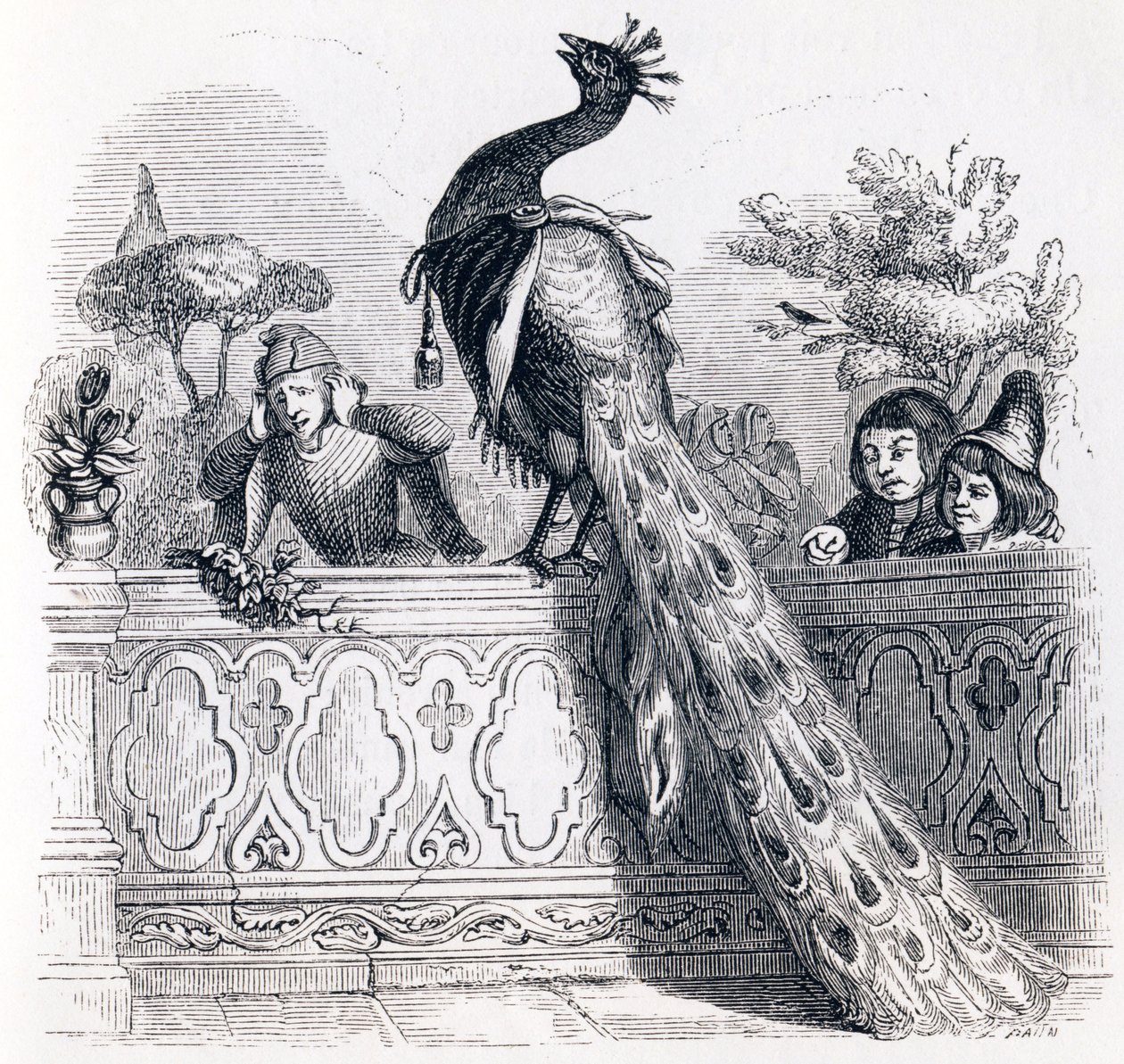 A páva panaszkodik Junónak – La Fontaine Fables alkotó: Grandville