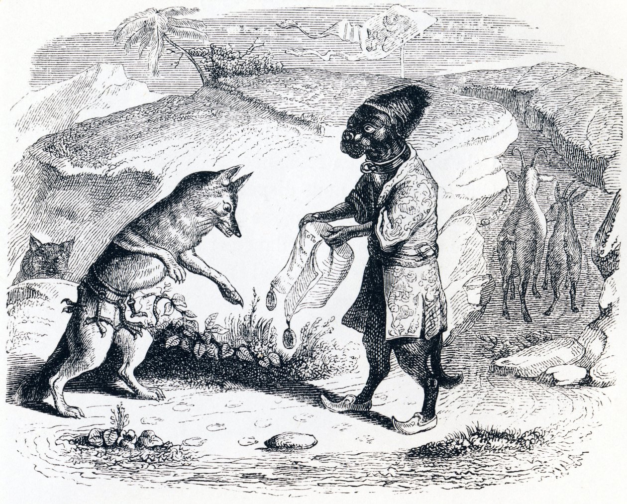 A beteg oroszlán és a róka – La Fontaine meséi alkotó: Grandville