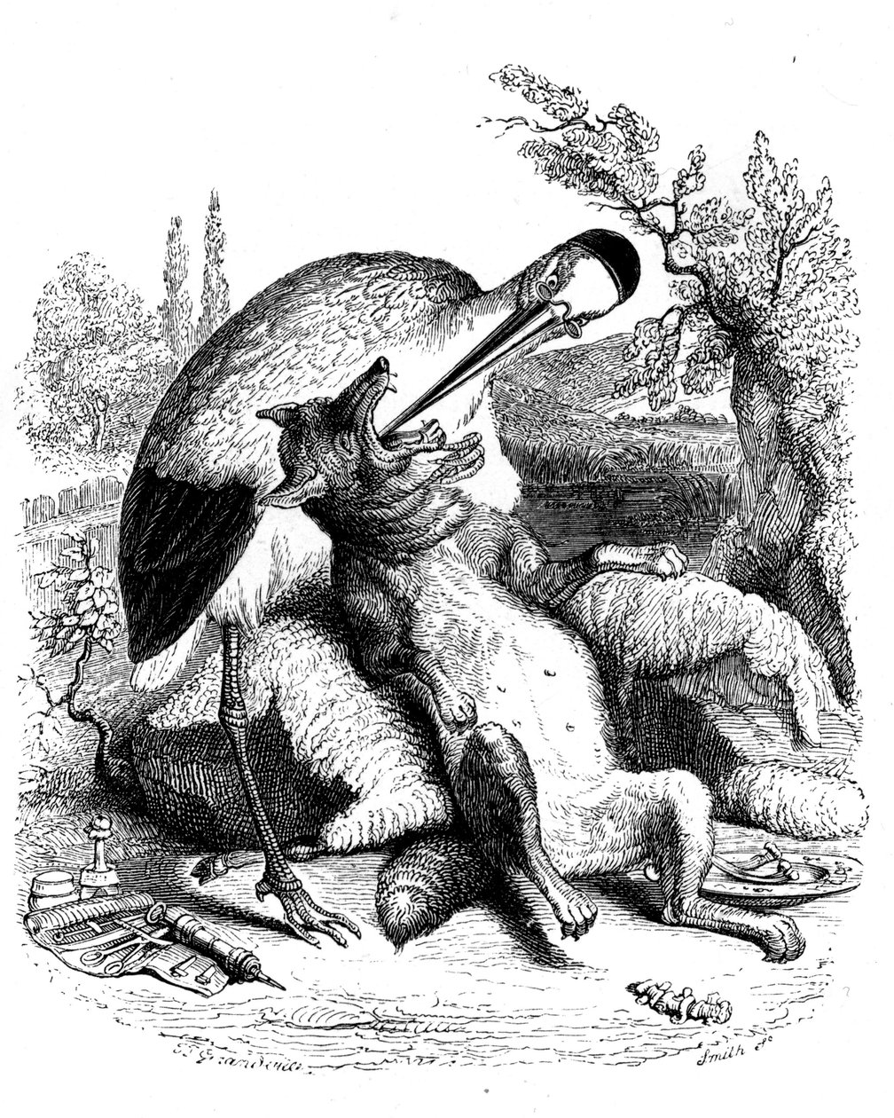 A farkas és a gólya: Grandville által illusztrált La Fontaine-mese. Edition Garnier 1860. A gólya orvosként van ábrázolva (rosszul jutalmazzák a dévajságáért!). alkotó: Grandville (1803 47)