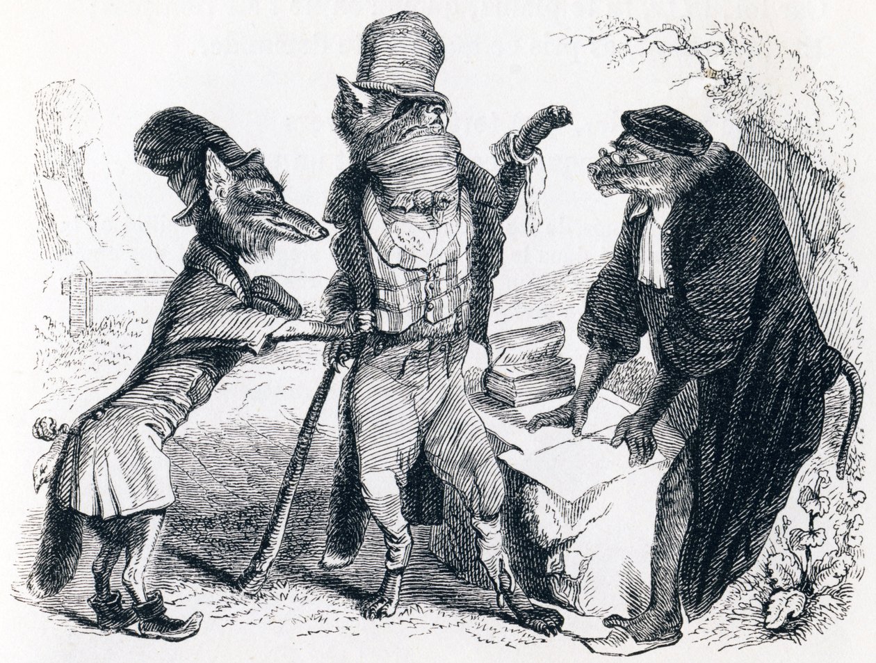 A farkas könyörög a róka ellen a majom előtt - Fables by La Fontaine alkotó: Grandville