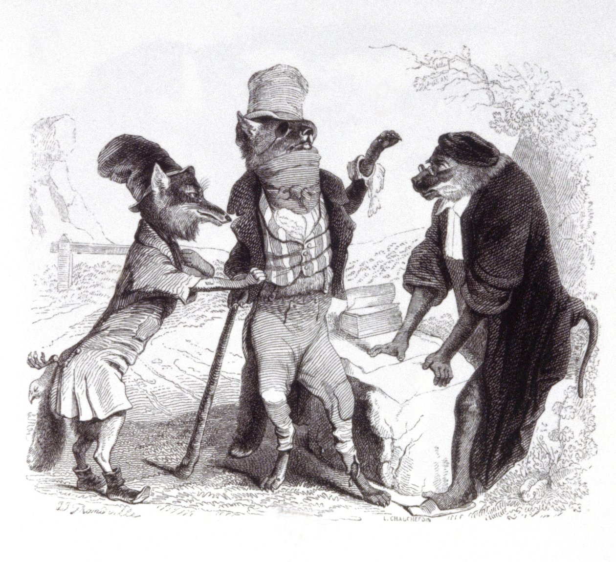 A farkas könyörög a róka ellen a majom előtt alkotó: Grandville (1803 47)